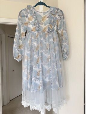 Light Blue Leaf Print Ruffled Tulle Dress For Girls 12-15